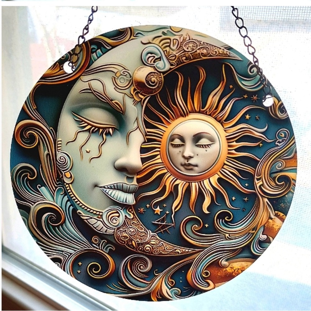 Moon and Sun Ying Yang style Glass Painted  Hanging Artwork w Chain